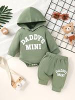 2pcs Set, Casual, Cute, Baby Boy Clothes, Infant Bodysuit, Baby Autumn/Winter Outfit, Soft & Comfortable, Letter Print Hoodie Top And Solid Letter Print Pants Set, Suitable For Daily, Vacation, Party, Outdoor Army Green / 6-9M