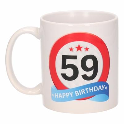59 jaar Verjaardag koffiemok - cadeau beker - stopbord print - 300 ml - keramiek - wit