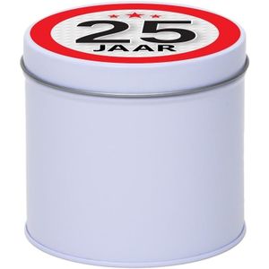 Cadeau/kado wit rond blik 25 jaar 10 cm