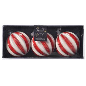 Decoris Luxe kerstballen - 3x - rood/wit gestreept - D8 cm - glas - glitter - brass