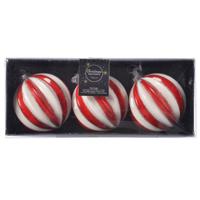 Decoris Luxe kerstballen - 3x - rood/wit gestreept - D8 cm - glas - glitter - brass