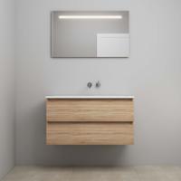 On-Line Badkamermeubelset - 100 cm - Voorgemonteerd - Acryl Wastafel - zonder Kraangat - Spiegel met LED-Verlichting - Eiken
