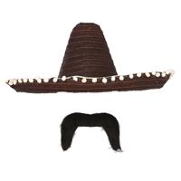 Carnaval verkleed set - Mexicaanse sombrero hoed met plaksnor - zwart - heren - thumbnail