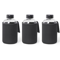 3x Stuks glazen waterfles/drinkfles met zwarte softshell bescherm hoes 600 ml