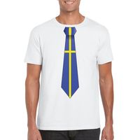 Wit t-shirt met Zweden vlag stropdas heren