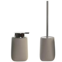 ITEM Badkameraccessoires - toiletborstel en zeeppompje - taupe/beige - kunststeen - RVS