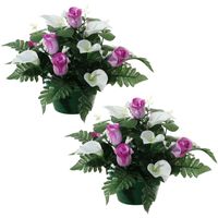 Kunstbloemen plantje in pot - 2x - wit/paars - 26 cm - Bloemstuk ornament - met bladgroen