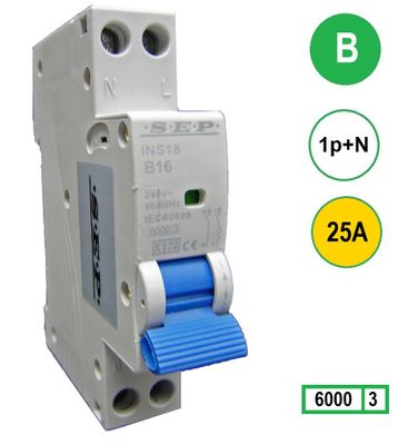 SEP Installatie automaat B25 1polig+n 6kA 18mm breed