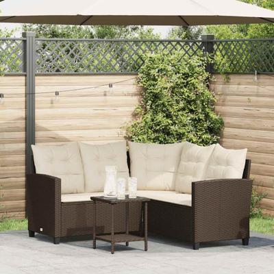 Tuinbank met tafel en kussens L-vormig bruin polyrotan