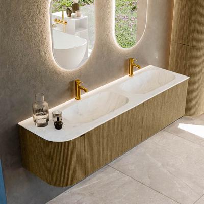 Badmeubel Mondiaz Kurve-Dlux | 165 cm cm | Meubelkleur Dusk | Wastafelkleur Opalo | Solid surface | Dubbel / Rechts spoelbak | 2 kraangaten