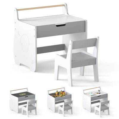 3-in-1 Houten Kinderzitgroep met Omkeerbare en Afneembare Tafelblad Kindertafel met Stoel Grijs + Wit