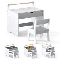 3-in-1 Houten Kinderzitgroep met Omkeerbare en Afneembare Tafelblad Kindertafel met Stoel Grijs + Wit