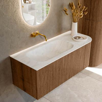 Mondiaz KURVE-DLUX 115 cm Onderkast Greeploos 1 Lade Met Deuren Walnut, Wastafel Solid Surface Links Opalo 0 Kraangaten Zonder Spiegel (KRVBGS115R1L1D0KL-Wal/Opa)