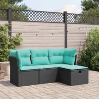 4-delige Loungeset met kussens poly rattan zwart