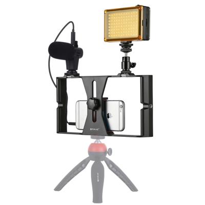 PULUZ 3 in 1 VLogging live uitzending LED Selfie licht smartphone video rig kits met microfoon + koude schoen statief hoofd voor iPhone Galaxy Huawe