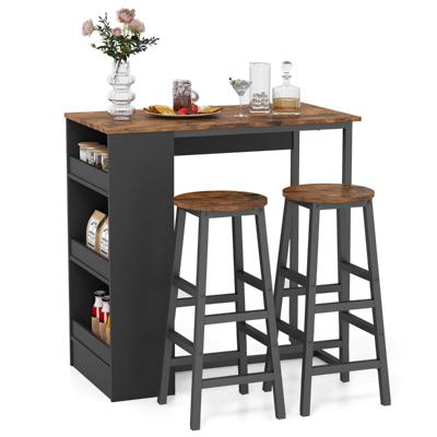 3-Delige Bartafelset met 3 Opbergplanken en 2 Krukken Ruimtebesparende Keukentafelset Stevig Metalen Frame Bruin + Zwart