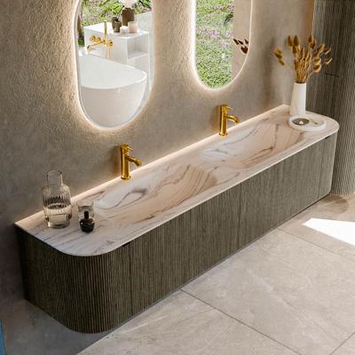 Badmeubel Mondiaz Kurve-Dlux | 200 cm | Meubelkleur Shadow | Wastafelkleur Nata | Solid surface | Wasbak beide zijden spoelbak | 2 kraangaten