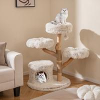 102 cm Hoge Moderne Krabpaal met Echte Houten Stam & Hangende Bal Klimtoren voor Katten