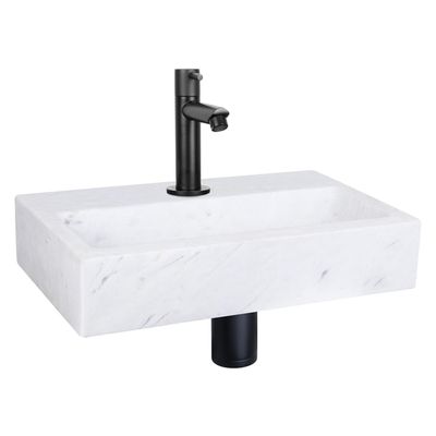 Differnz Flat fonteinset - 38x24x8cm - Rechthoek - 1 kraangat - Recht matte zwarte kraan - Marmer Wit 38.400.25