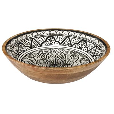 Salade serveer schaal - Fruitschaal/fruitmand - mango hout - D33 x H8 cm - bruin/print