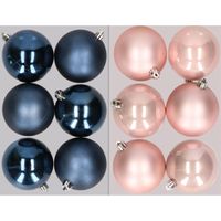12x stuks kunststof kerstballen mix van donkerblauw en lichtroze 8 cm   -