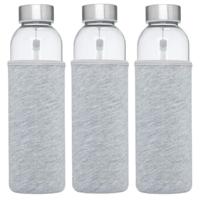 Glazen waterfles/drinkfles - 3x stuks - softshell bescherm hoes grijs - 500 ml - Sportfles - Bidon