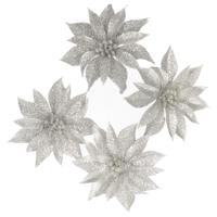 Kerstboomversiering Bloemen - 4x stuks - 9 cm - zilver glitter - op clip