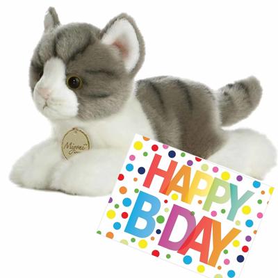 Pluche knuffel poes - grijs / wit - 20 cm - met A5-size Happy Birthday wenskaart - cadeau - kat Pluche knuffel poes - grijs / wit - 20 cm - met A5-size Happy Birthday wenskaart - cadeau - kat
