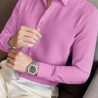 Bon&Bon Men's Waffle Knit Shirt - Black Long Sleeve Button Front Watermelon Pink / XL