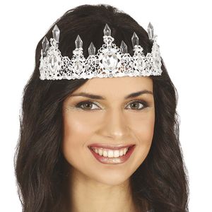 Verkleed diadeem/tiara kroon met edelstenen - zilver - metaal - voor volwassenen