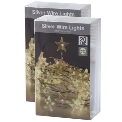Draadverlichting lichtsnoer - 2x - 20 sterren lampjes - warm wit - op batterij - 100 cm