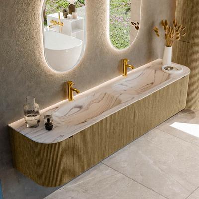 Badmeubel Mondiaz Kurve-Dlux | 200 cm | Meubelkleur Dusk | Wastafelkleur Nata | Solid surface | Wasbak beide zijden spoelbak | 2 kraangaten
