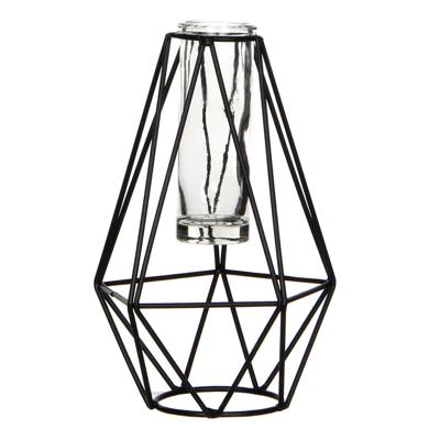 Mica Decorations Vaas - zwart - metaal - diamant vaasje met glas - 11x10x17 cm