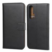 Lederen horizontale Flip holster voor Huawei Honor 20 Pro met magnetische sluiting en beugel en kaartsleuf en portemonnee (zwart)