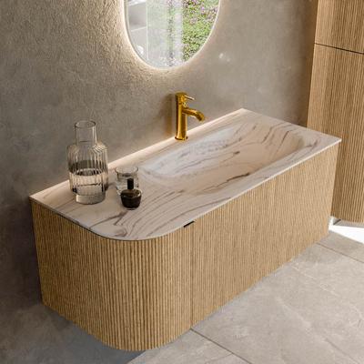 Badmeubel Mondiaz Kurve-Dlux | 105 cm | Meubelkleur Oak | Wastafelkleur Nata | Solid surface | Wasbak rechter zijde spoelbak | 1 kraangat