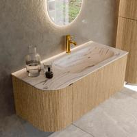 Badmeubel Mondiaz Kurve-Dlux | 105 cm | Meubelkleur Oak | Wastafelkleur Nata | Solid surface | Wasbak rechter zijde spoelbak | 1 kraangat