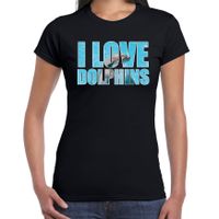 Tekst t-shirt I love dolphins met dieren foto van een dolfijn zwart voor dames Tekst t-shirt I love dolphins met dieren foto van een dolfijn zwart voor dames