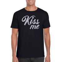 Kiss me zilver tekst t-shirt zwart heren kus me - Glitter en Glamour zilver party kleding shirt 2XL  -