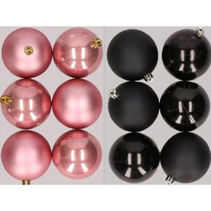 12x stuks kunststof kerstballen mix van oudroze en zwart 8 cm   -