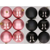 12x stuks kunststof kerstballen mix van oudroze en zwart 8 cm   - - thumbnail