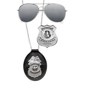 Carnaval/verkleed accessoires Politie - ketting met badge/zonnebril - zwart/zilver - kunststof   -