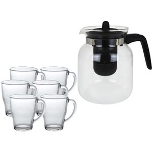 Glazen theepot met filter/infuser van 1,5 liter met 6x stuks theeglazen van 350 ml