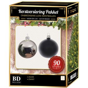 Zilver met zwart kerstballen pakket 90-delig voor 150 cm boom   -