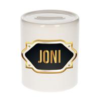 Spaarpot met voornaam Joni - wit - goud/zwart embleem - 8 x 9 cm - keramiek - afsluitdop
