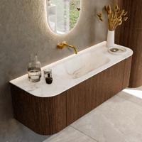 Badmeubel Mondiaz Kurve-Dlux | 140 cm | Meubelkleur Walnut | Wastafelkleur Frappe | Solid surface | Midden spoelbak | Zonder kraangat(en) Badmeubel Mondiaz Kurve-Dlux | 140 cm | Meubelkleur Walnut | Wastafelkleur Frappe | Solid surface | Midden spoelbak | Zonder kraangat(en)