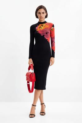 Geribde midi-jurk bloemen - BLACK - L