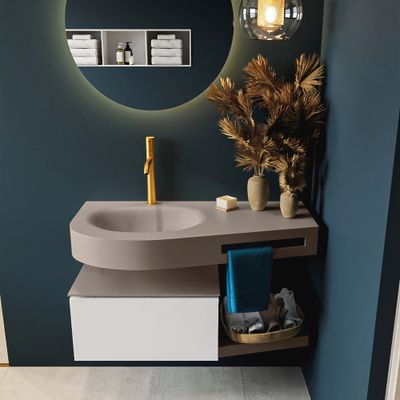 MONDIAZ RIVA 100cm badmeubel onderkast / planchet kleur Talc met 1 lade. Wastafel DULCET links 1 kraangat kleur Smoke. MONDIAZ RIVA 100cm badmeubel onderkast / planchet kleur Talc met 1 lade. Wastafel DULCET links 1 kraangat kleur Smoke.