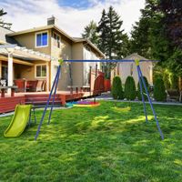 4-In-1 Schommelset Schommelframe met Schommel Glijbaan en Basketbalmand Schommelrek Tuinschommel voor Binnenplaats