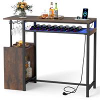 Barmafel Eettafel met RGB-Verlichting Statafel met Flessenrek Glazenhouders en Opbergvakken Keukentafel met Stopcontacten USB- en Type C-Aansluiting Industriële Keukenbar voor de Woonkamer Bruin