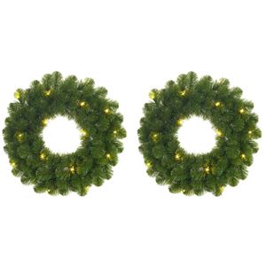 Set van 2x stuks groene verlichte kerstkransen/deurkransen met 30 LEDS 60 cm